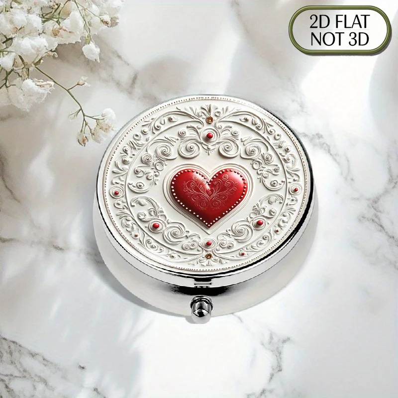 Single-piece flat, portable, round, three-compartment metal pill box, featuring a vintage Valentine's Day design, adorned with heart-shaped swirls and dots, perfectly meets the needs for organizing medication, storing vitamins, or multi-functional storage, making it an excellent gift choice, flat design