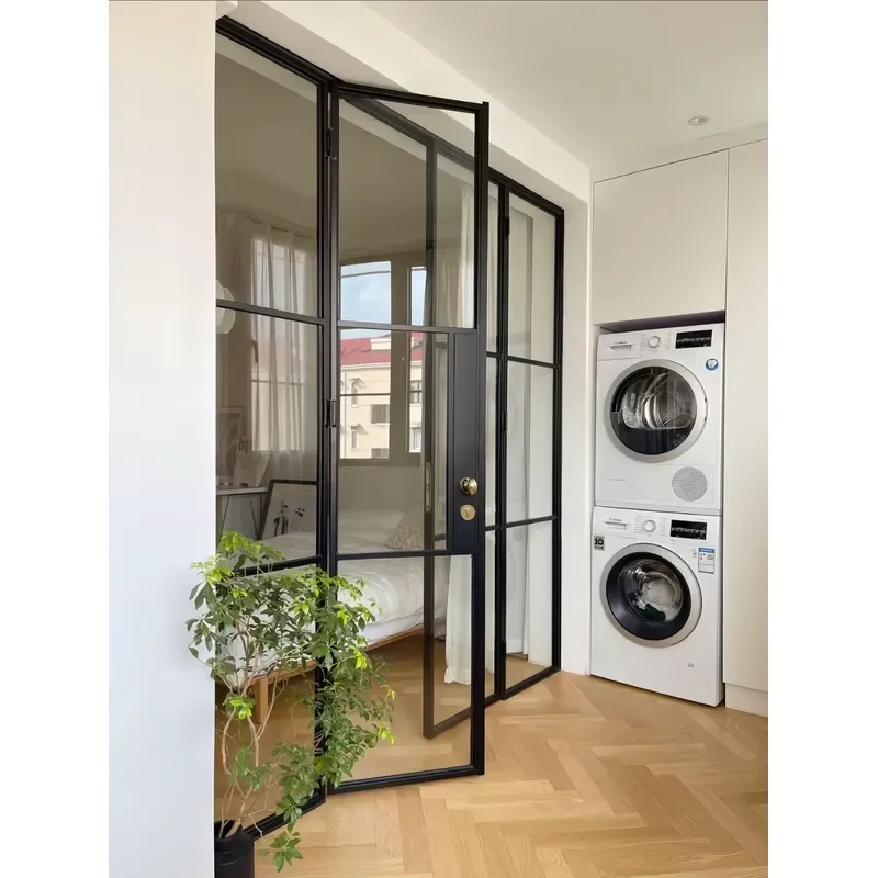 for Black Aluminum Alloy Modern Double Fold Indoor Floor to Ceiling Double Leaf Glass Door Double Layer Tempered Glass Energy