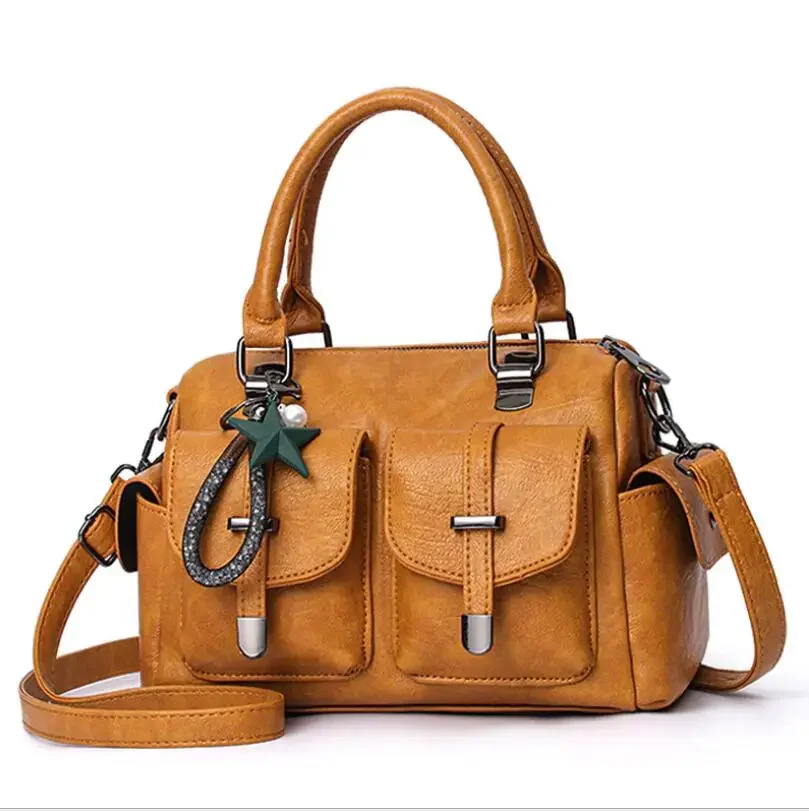 Female Boston Fashion Handbag Soft Leather Large Capacity Mother Bag Retro Women\'S Shoulder Multi-Pocket Female Bag L10