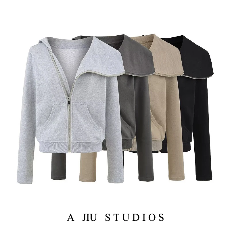 Bluza z kapturem na zamek, nieregularny krój, dopasowany kardigan damski, długi rękaw, bawełniana bluza dresowa, modna na dojazdy do pracy.