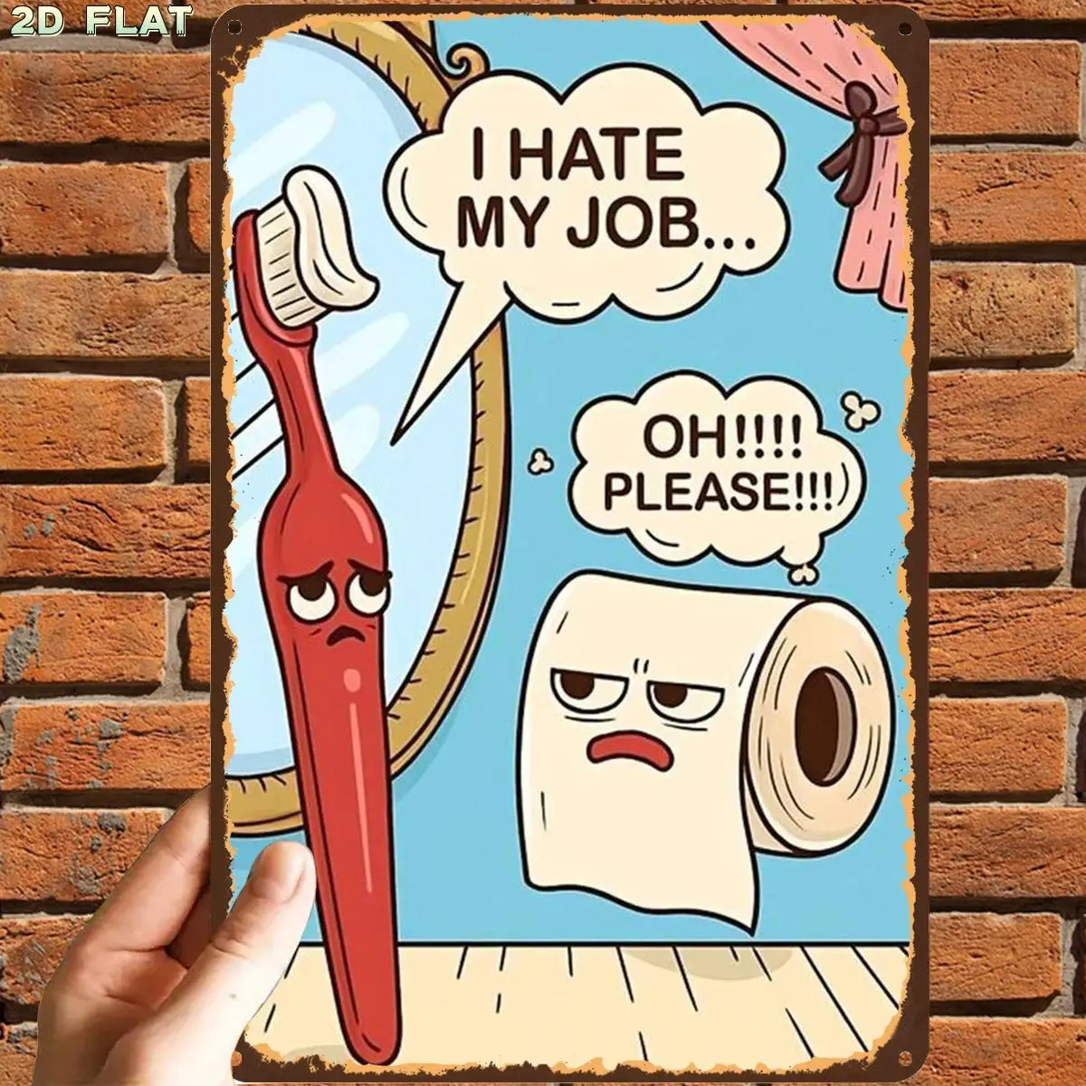 2D Flat, 1pc, Retro Vintage Toothbrush And Toilet Paper Humorous Art Print Metal Tin Sign, with Pre-Drilled Holes, Ideal for Ind