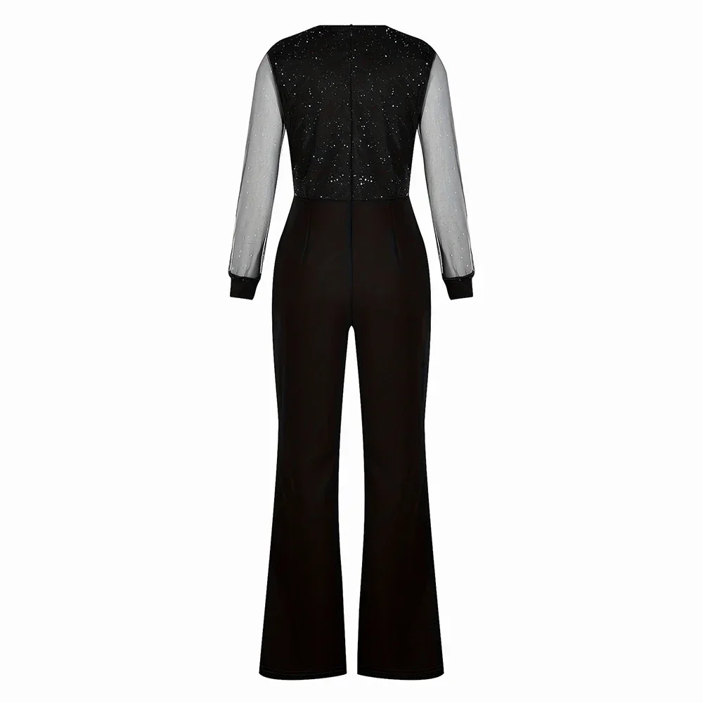 Damen-Jumpsuits für alle Jahreszeiten, französische, minimalistische, taillierte, ausgeschnittene, langärmlige, knöchellange, gerade Jumpsuits mit V-Ausschnitt