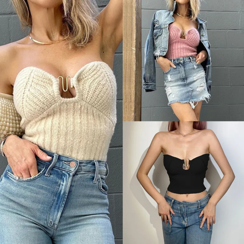 

Sexy Chest Wrap Off Shoulder Solid Color Women's Tank Top 2024 Summer Commuter Slim Fit Open Navel Short High Street Spicy Girl