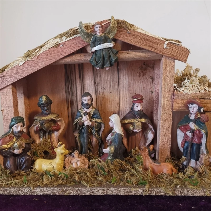 

Европейский рождественский вертеп, большой деревянный набор украшений для коттеджа для центральной части стола и каминной праздничного подарка