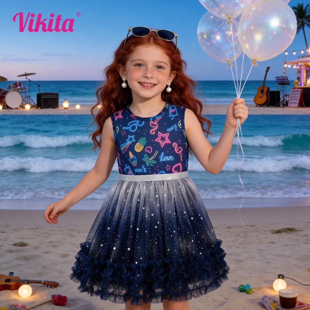 Toddlers Sleeveless Polyester Dress Kids Stars Flamingo Pineapple Print Dress Kids Starry Gradient Tulle Mesh Elegant Dress