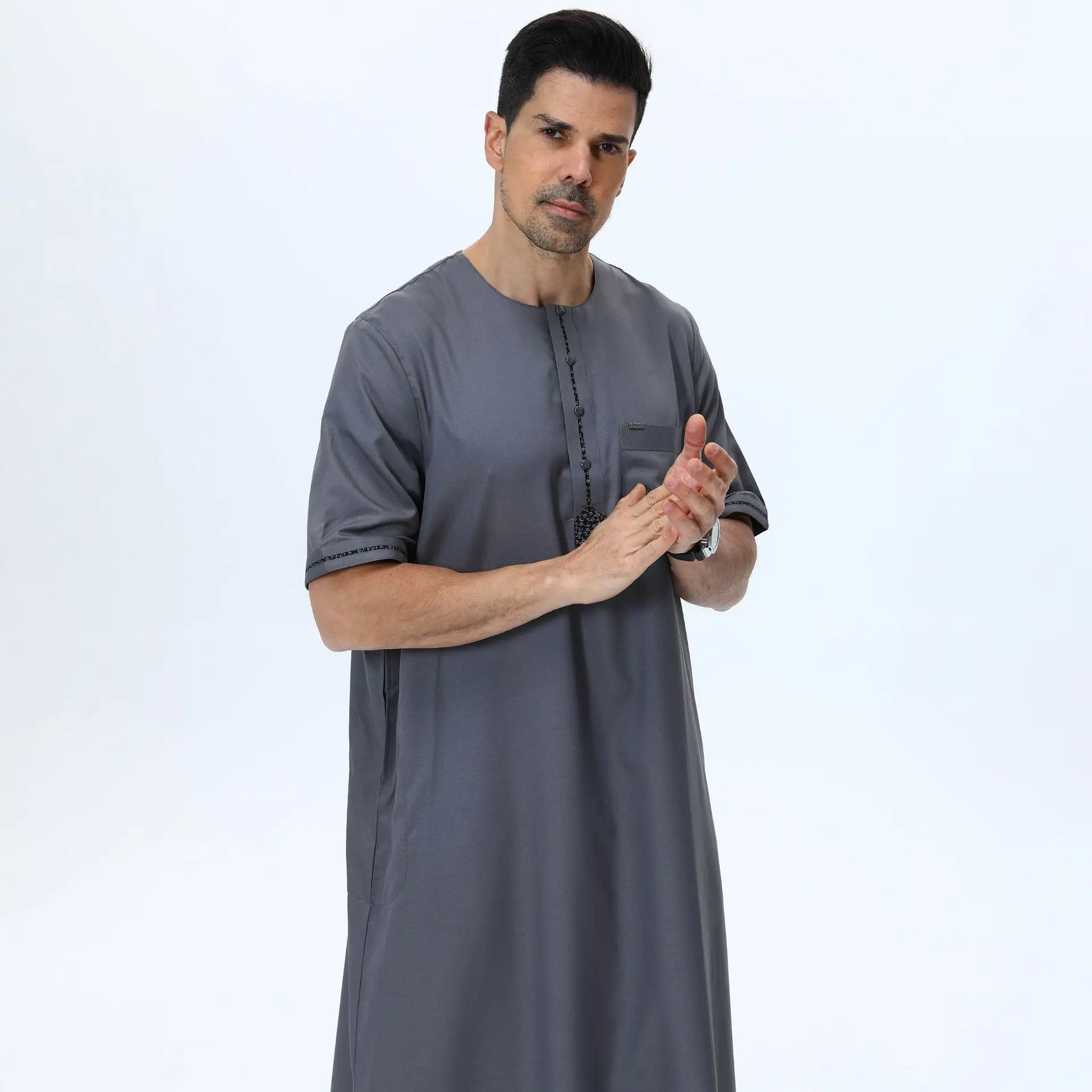Uomini musulmani Manica corta Jubba Thobe Marocco Caftano Dubai Abaya Islam Abbigliamento Ramadan Turchia Caftano Daffah Dishdasha Thobe Robe