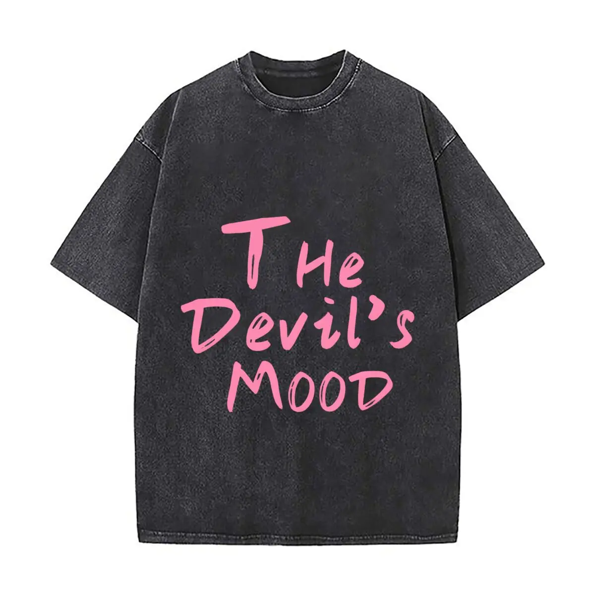 The Devils Moon Pink Hand Lettered Design Washed Vintage Short Sleeve Loose Streetwear Tee