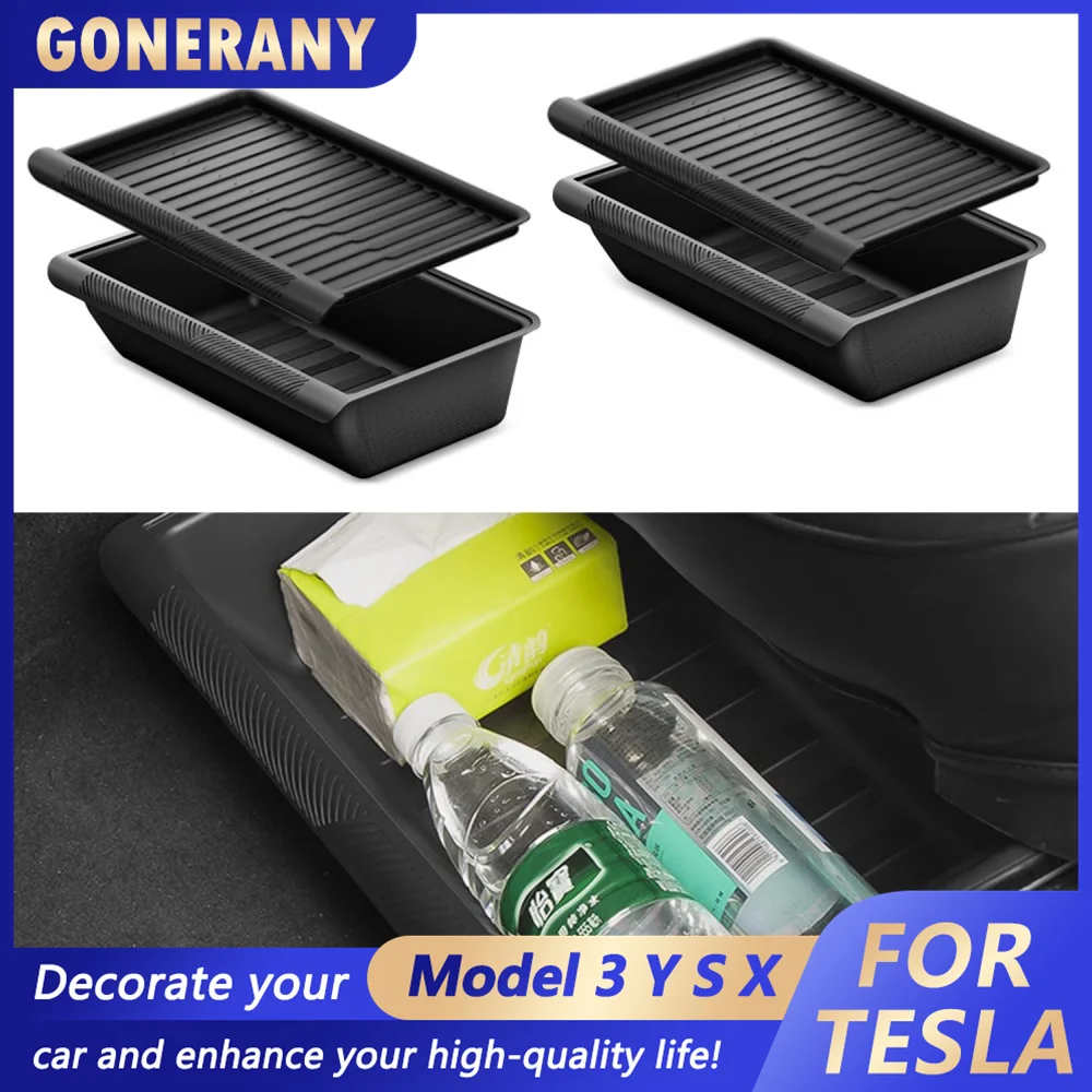 

For 2020 - 2023 Model Y Under Seat Storage Box Organizer with Cover ABS Texture Washable Storage Tray Bins Box Organizer