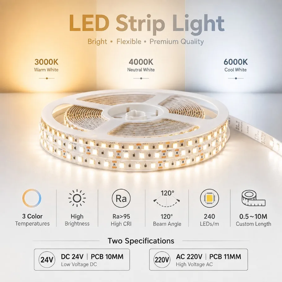 0.5-10M LED Strip Light High CRI Ra﹥95 240LEDs/m DC24V AC220V Flexible LED Tape 3000K 4000K 6000K for Indoor Home Decor Lighting