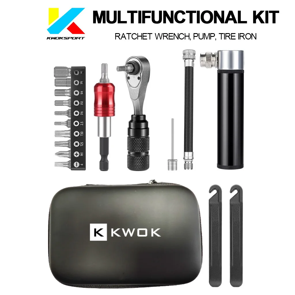 

KWOK Outdoor Bicycle Repair Kit - Emergency Tire Iron Pump Road Bike Full Maintenance Tool Set for Cycling Trips