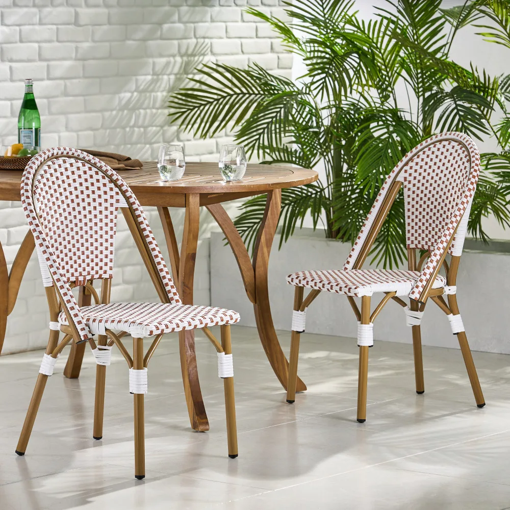 

YQXH Outdoor PE Ratten and Aluminum French Bistro Chairs, Set of 2, Rusted Red & White, Bamboo Print Finish