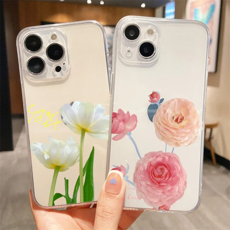 Rose, Sunflower, Tulip, Chrysanthemum, Hydrangea Flower Case For iphone 7 8 plus 12 13 mini 11 14 pro Max X XR XS SE Clear Cover