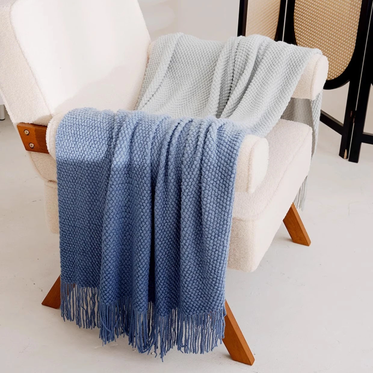 Gradient Color Throw Blanket for Bed Couch Chair Plaid Knit Throws Fall Sofa Blanket Lightweight Knitted Blanket for Home Decor