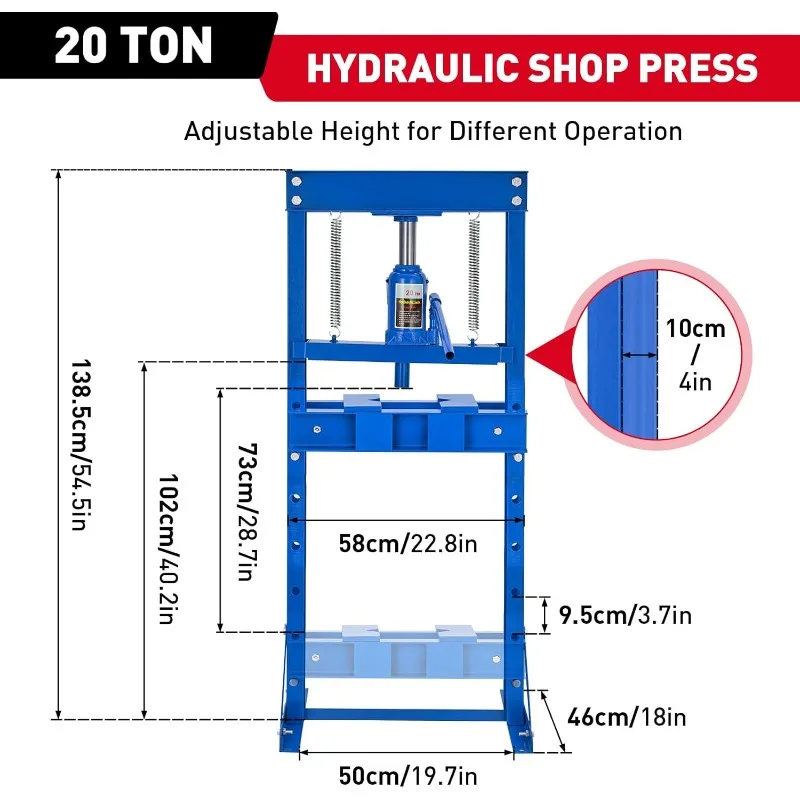 Pressa idraulica 20T, pressa idraulica per negozi da pavimento per garage con telaio a H da 20 tonnellate, pressa idraulica regolabile con piastre, blu