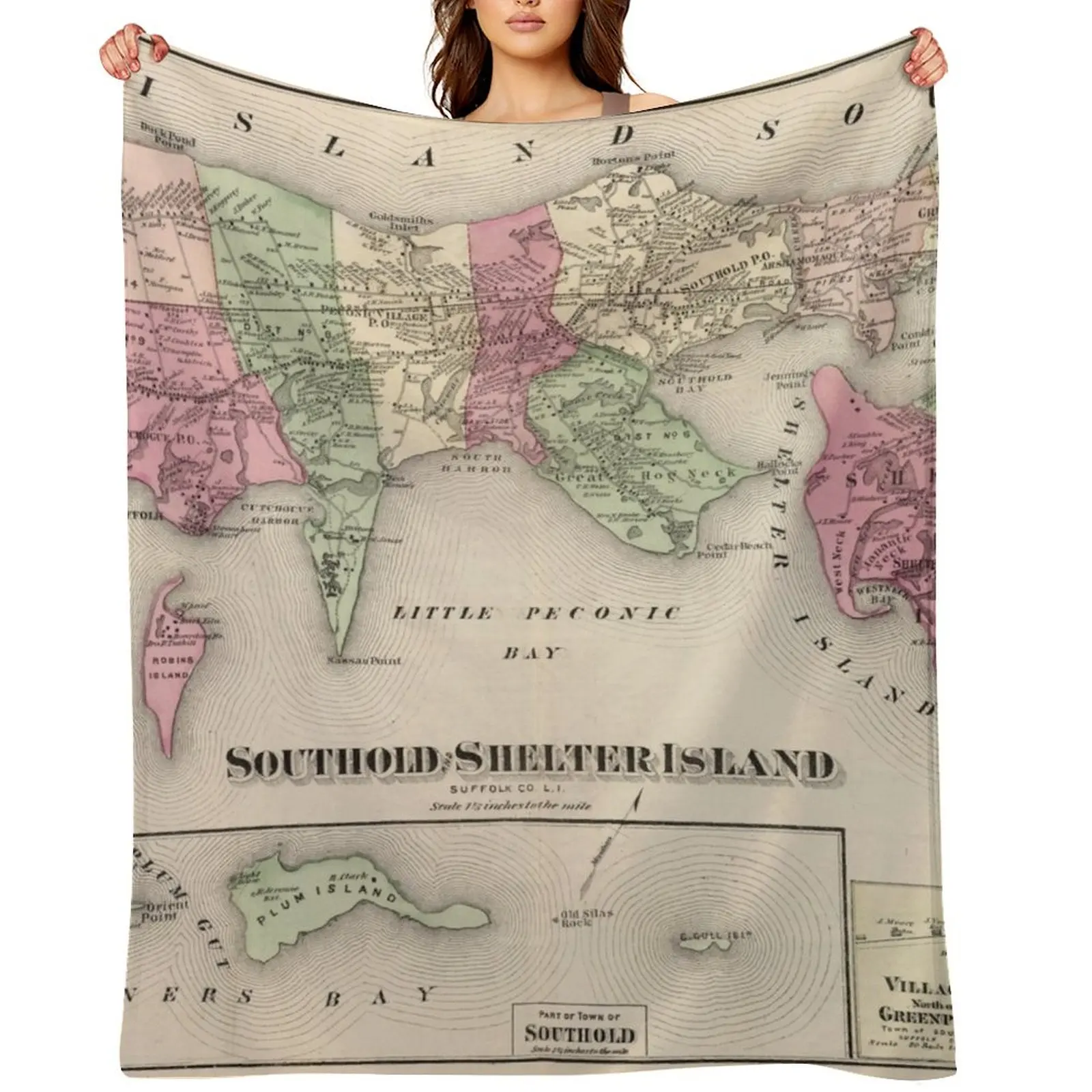 

1873 Vintage Map of Southold and Shelter Island. Long Island, New York Throw Blanket Heavy Moving sofa bed Hairys Blankets