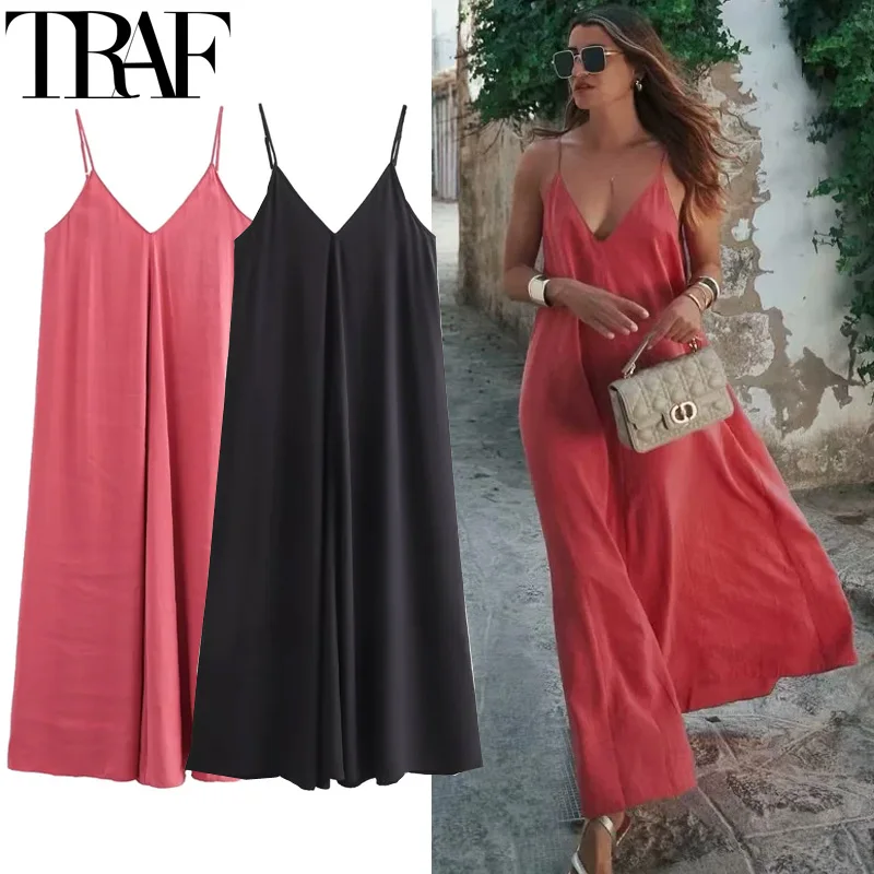 TRAF Slip Dress Women 2024 Summer Women\'s Loose Dresses Sleeveless Thin Straps Black Long Dresses Backless Beach Holiday Dresses