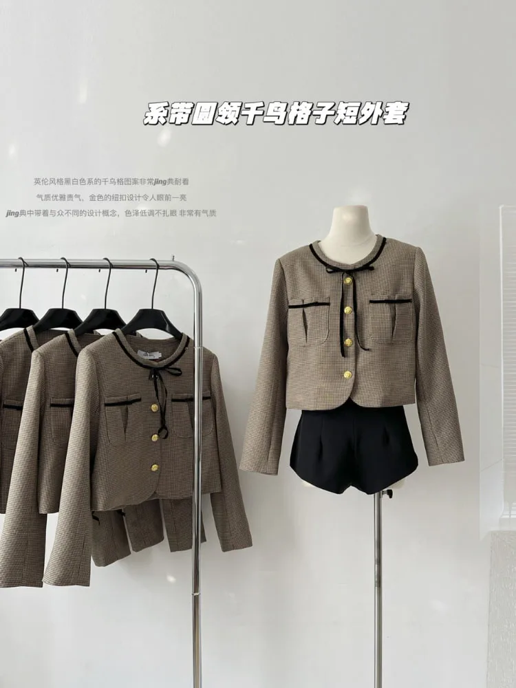 

Round Neck Brown Preppy Short Women's Jacket Autumn And Winter Korean-style Temperament Coat Loose Fashion High Sense Coat