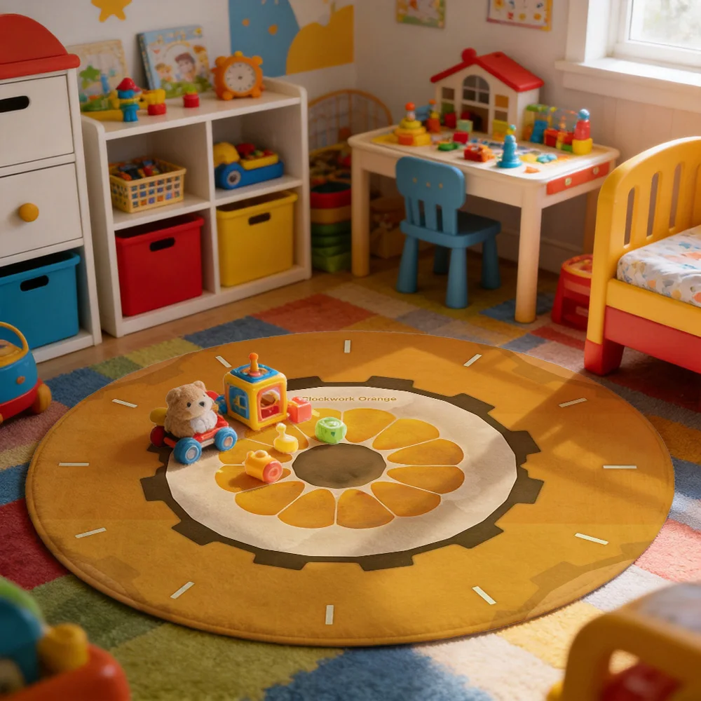Large Round Area Rug Yellow Orange Gear Design Modern Living Room Hallway Mat Soft Floor Decor