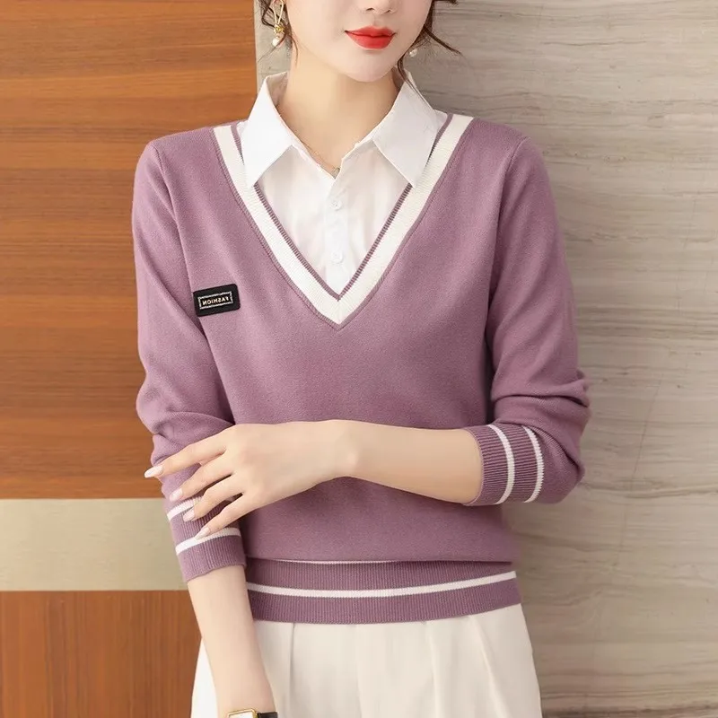 2024 New Spring Shirt Collar Knitted Sweater Women Fashion Fake Two Pieces Sweater Pullovers Korean Chic Tops Female Knitwear