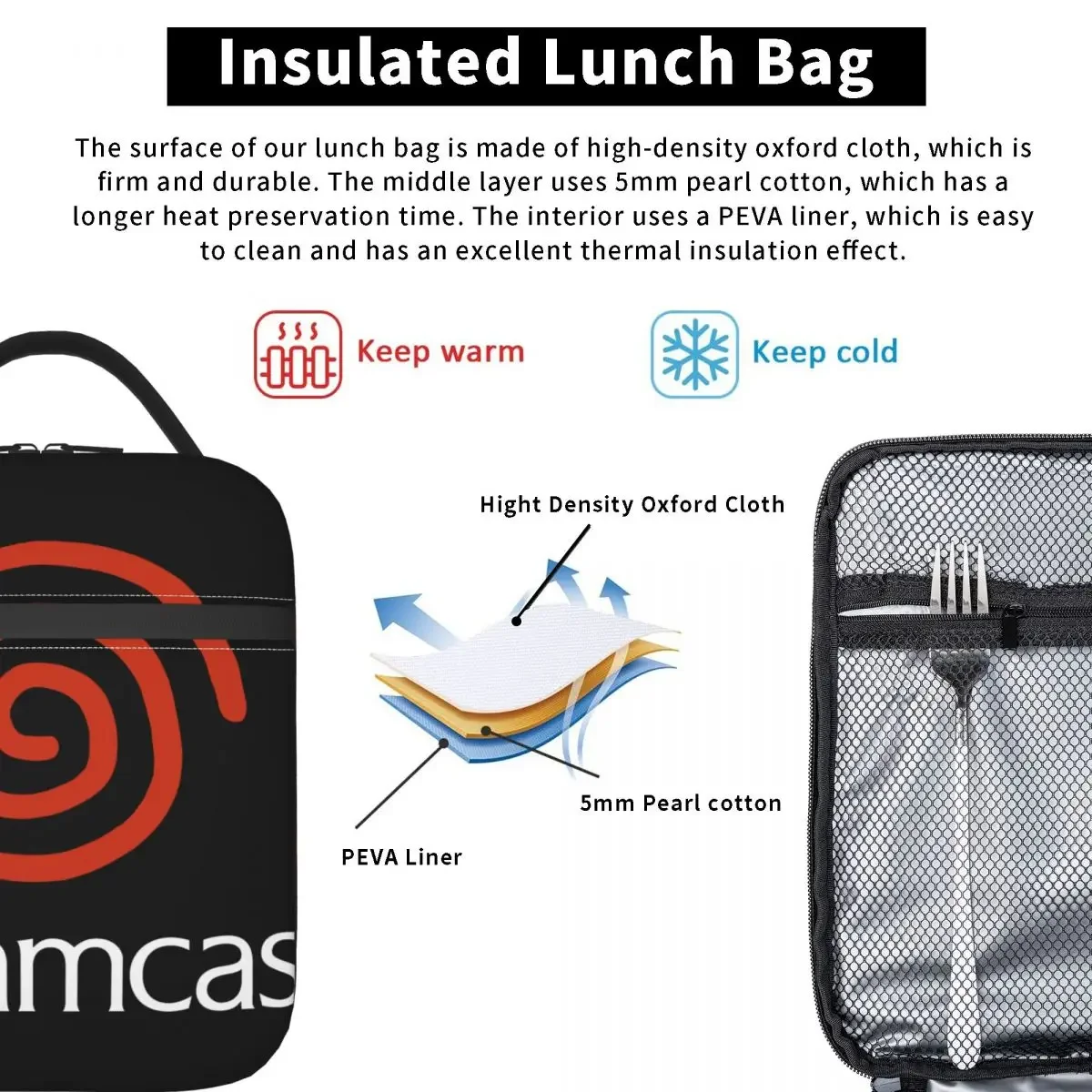 Insulated Lunch Bag Dreamcast Logo Lunch Box Tote Food Handbag