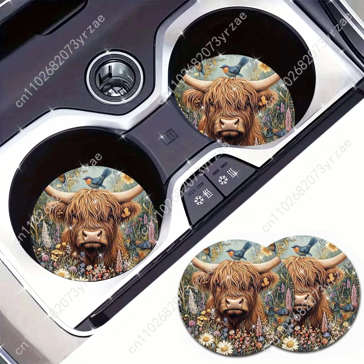 

Highland Cow Car Coasters 2pcs Absorbent Anti Slip Car Coasters Scalding Waterproof Easy Clean Car Interior Accessories
