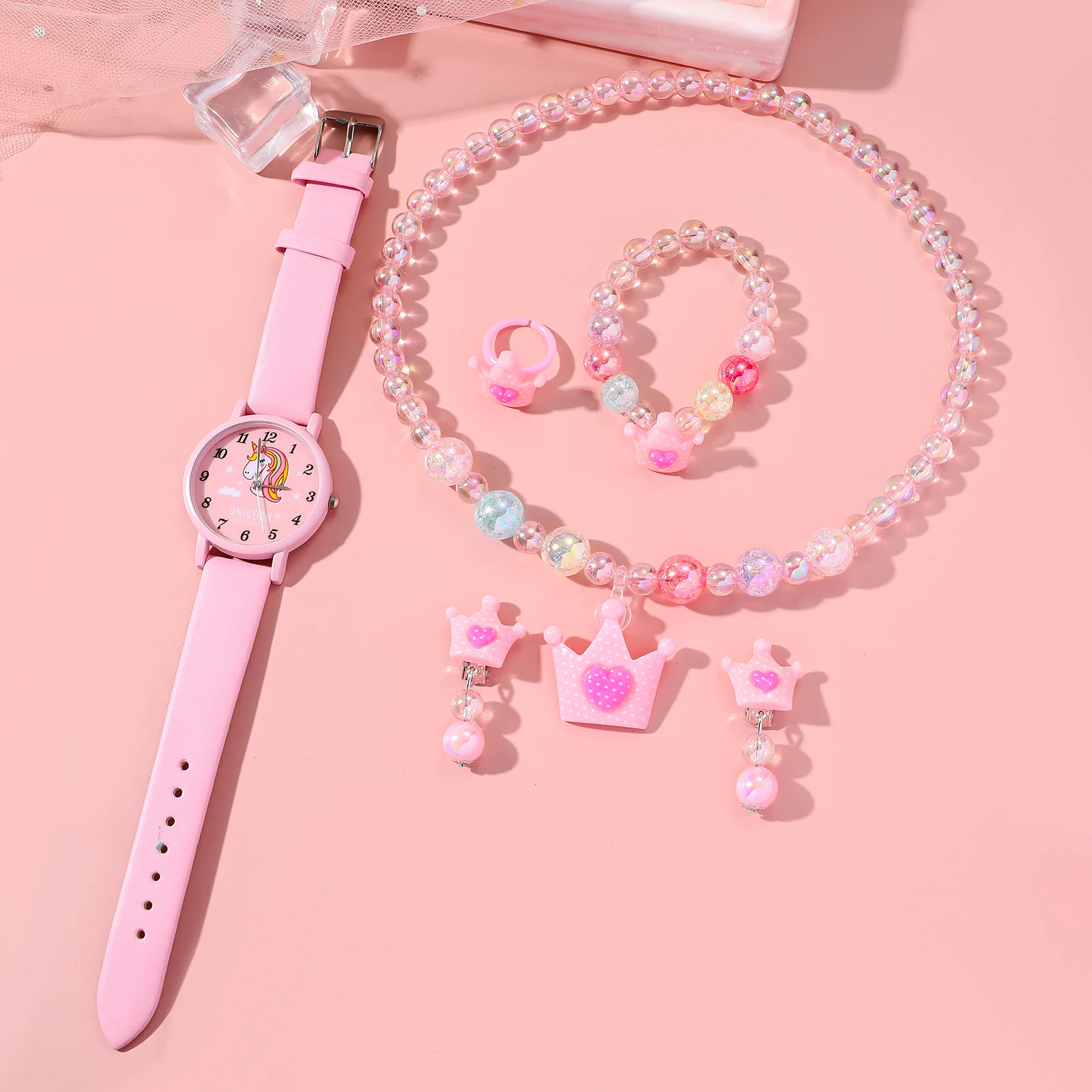 لا يوجد صندوق هدايا، ساعة بحزام جلدي كوارتز كلاسيكية مخصصة على الطراز الكوري للفتيات الكوريات، مجموعة من خمس قطع من مجوهرات الخرز #2