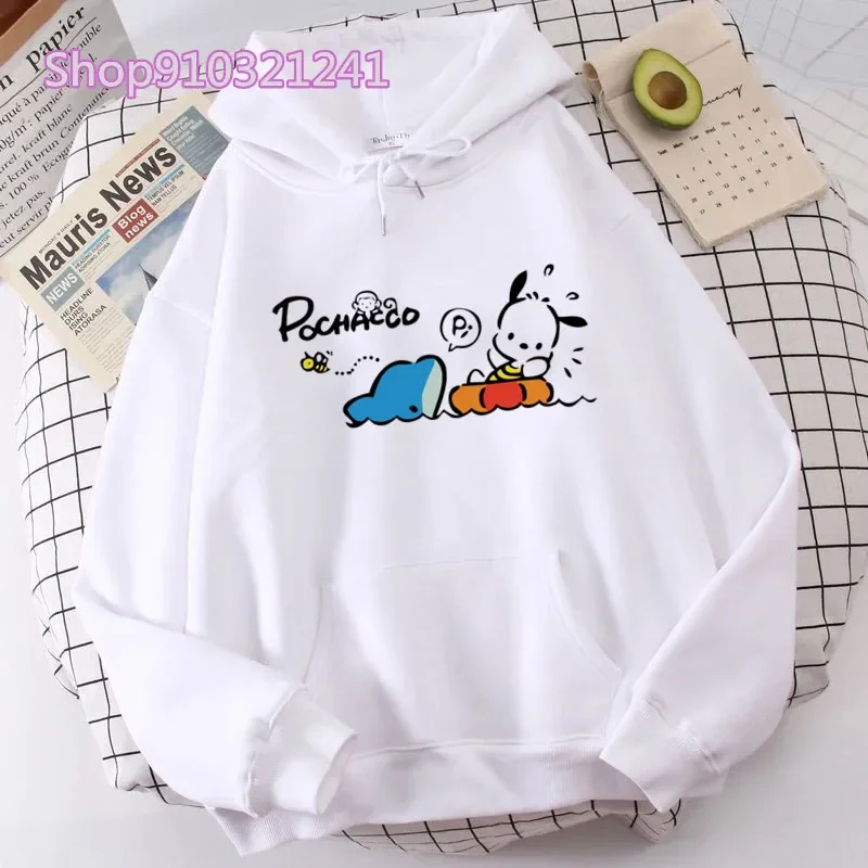 Autumn Pochacoo Print Hooded Women Pullovers Cartoon Casual White Loose Long Sleeve Oversized Hoodies Basics Women Sweatshirt