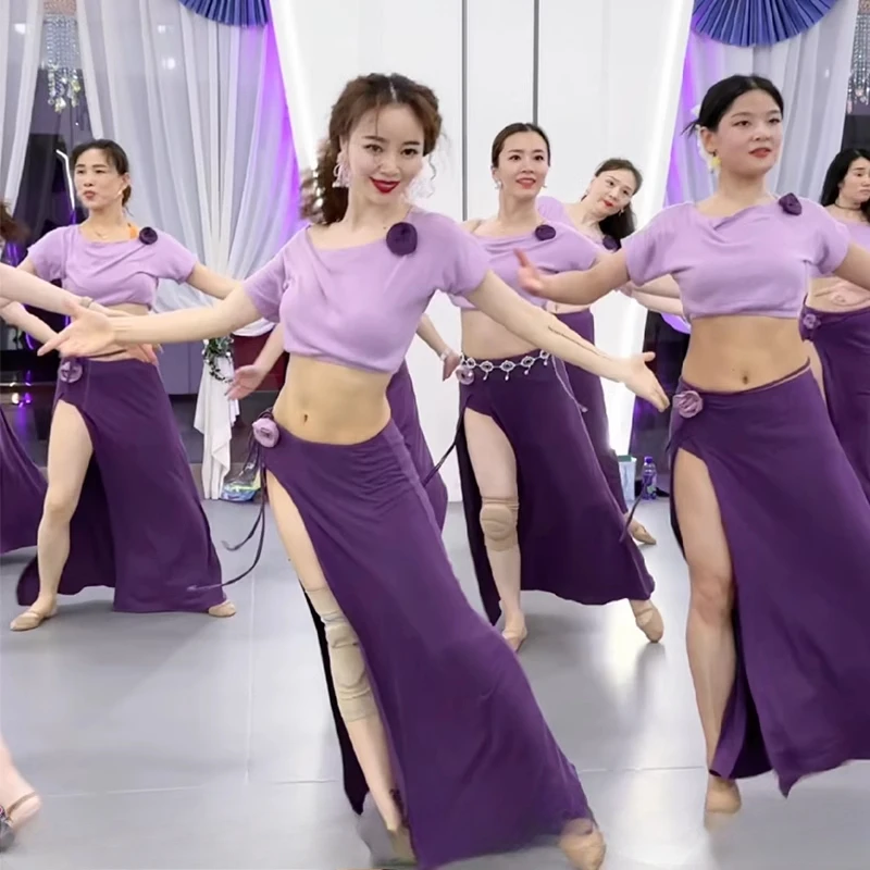

Summer BellyDance Practice Suit Women's Sexy Short Sleeved Top+Modal Long Skirt 2pcs Oriental Dance Performance Clothing