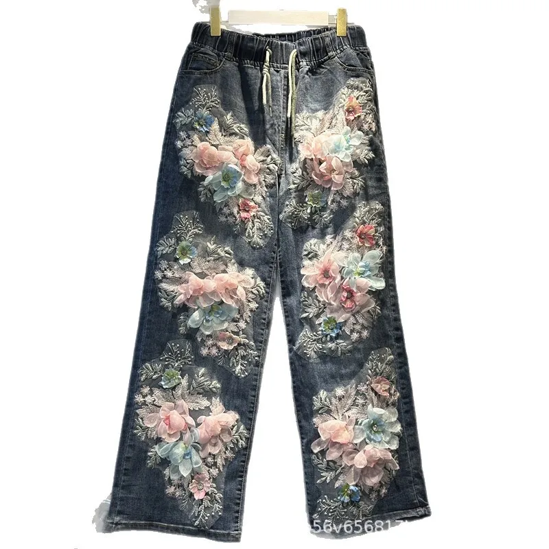 ثلاثي الأبعاد الزهور التطريز واسعة الساق الجينز لسيدة جديد الخريف مرونة الخصر فضفاض مستقيم السراويل العصرية سراويل جينز