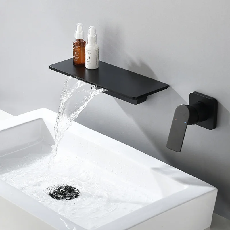 

Black Bathroom Waterfall Basin Mixer Faucet Single Lever Wall Mounted Washing Basin Taps Brushed Gold Waterfall Bath Mixer Tap