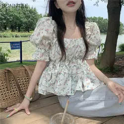 Printed Blouses Women Cropped Vintage French Style Summer Puff Sleeve Daily Aesthetic College Stylish Folds Square Collar Blusas