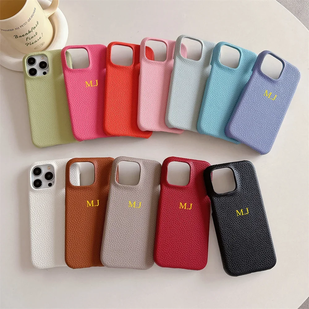 Coque Personnalisée en Cuir Couleur Bonbon avec Initiales et Nom DIY pour iPhone 17 Pro Max 16 15 17 Pro Max 14 13 12