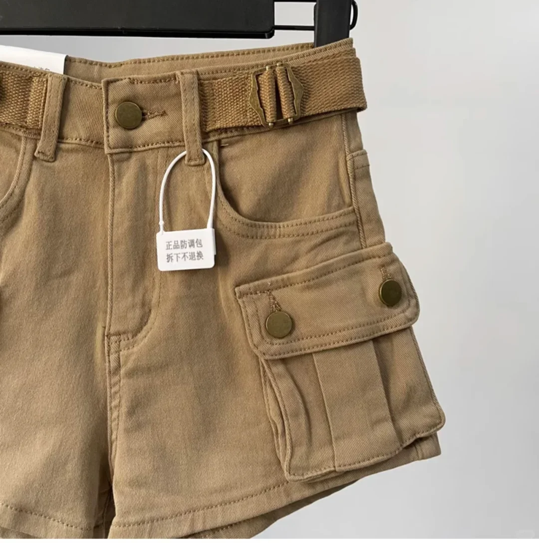 Khaki Denim Shorts High Waisted Slim Fit Multiple Pockets Elastic Wide Leg A-line Straight Leg Hot Pants 2025 Summer New Style