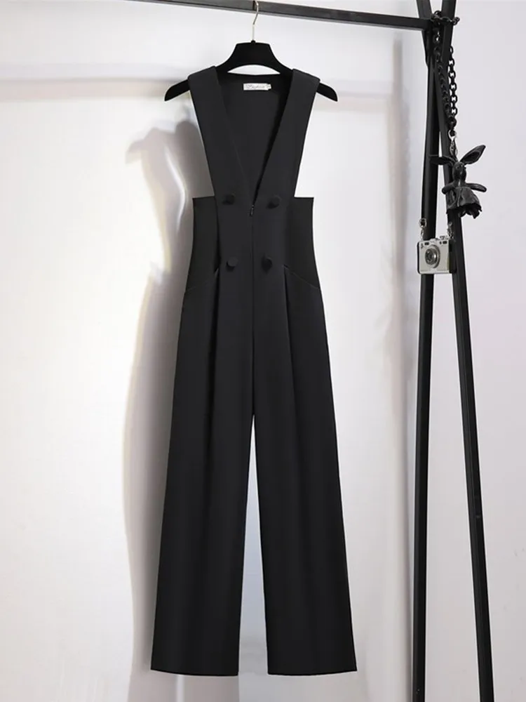 

High Waist Bib Overalls Women's Spring Faion 2026 New Design Slimming Wide Leg Suit Pants Jumpsuit Commute Sle Button Detail