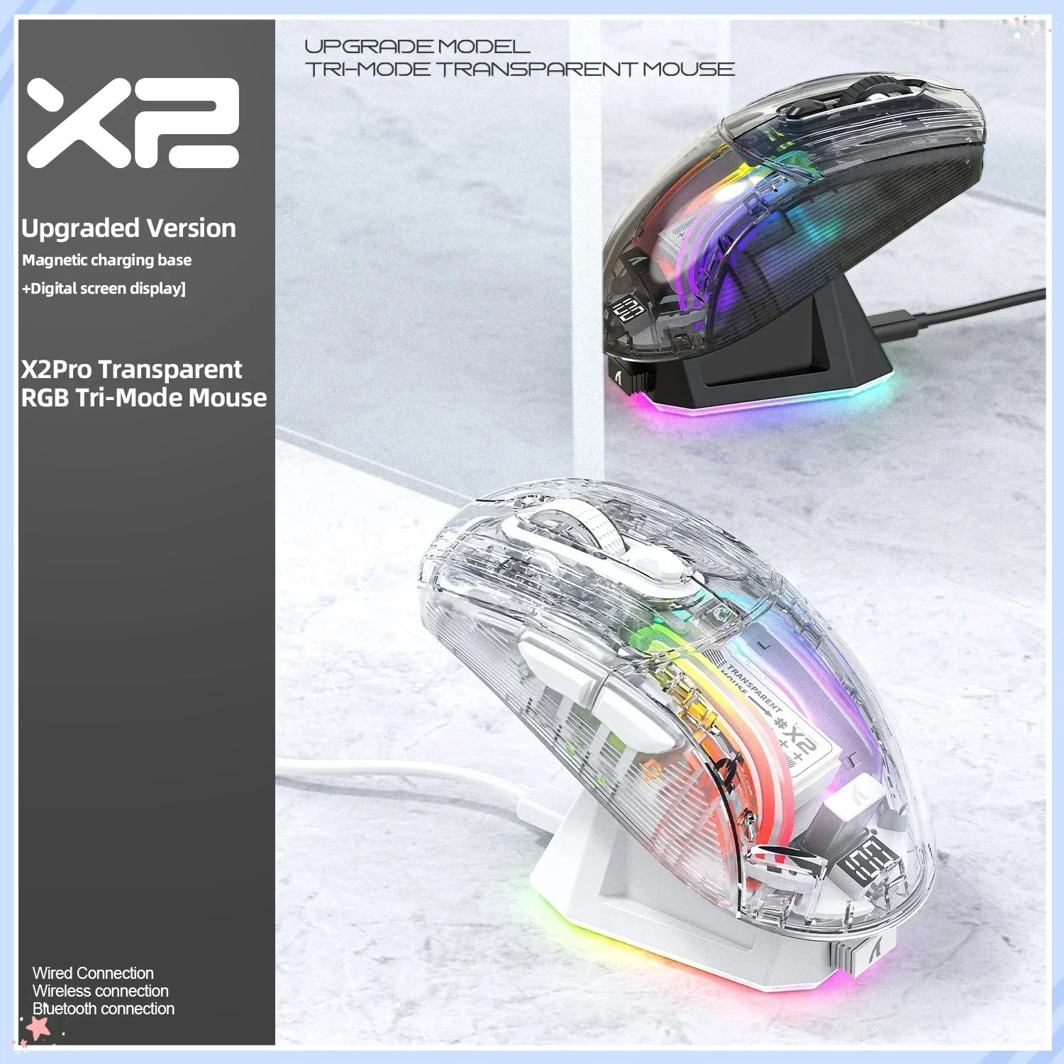 Hot sale Attack Shark X2 Magnetic Rechargeable Bluetooth Mouse Transparent Ergonomic Design Gaming Mouse Battery Level Indicator