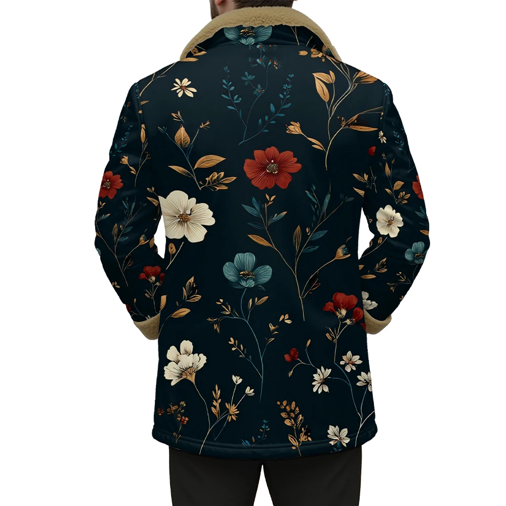 

Unisex Floral Patchwork Jacket Fleece Lined Faux Fur Collar Long Sleeve Button-Front Coat Warm Stylish Winter Outerwear Pockets