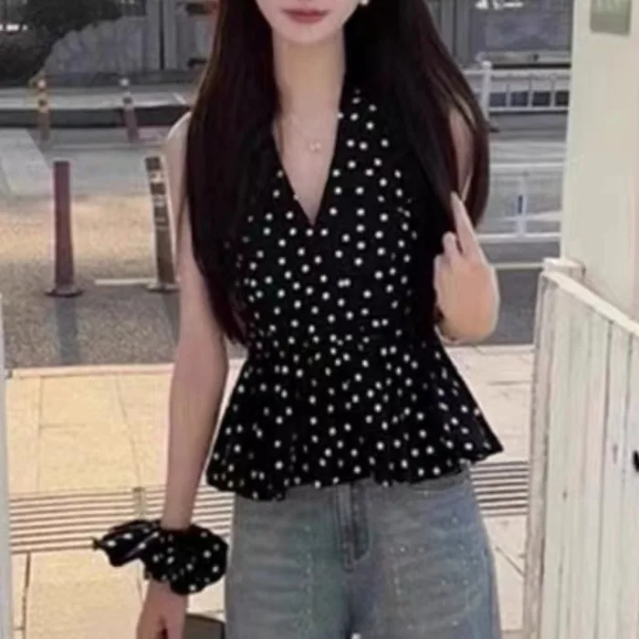 

Лето 2023, женский топ с v-образным вырезом в горошек, чувственный топ Pure Desire, закрывающий талию, универсальный цветочный принт