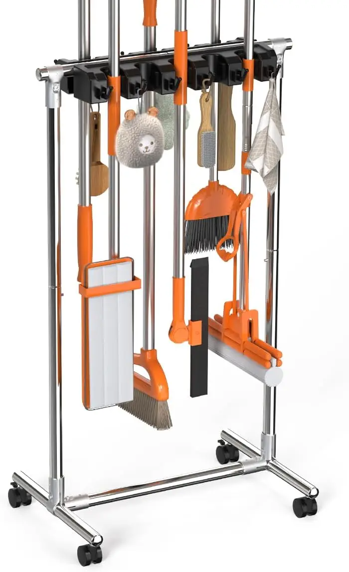 

Органайзер для хозяйственных принадлежностей без сверления, передвижная тележка для уборки с 10 держателями и 12 крючками для прачечной