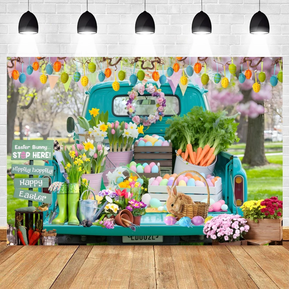 Spring Easter Photography Backdrop Green Grass Rabbit Eggs Bunny Truck Flower Easter Kids Baby Birthday Background Photo Studio