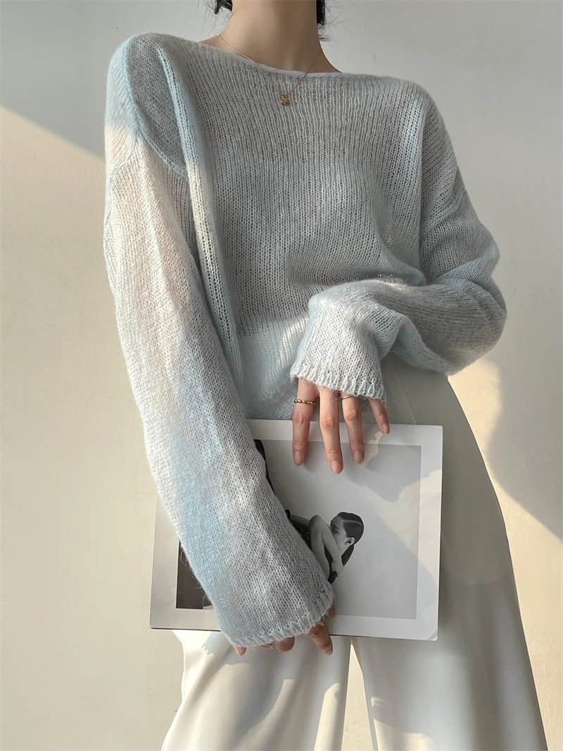 [ZAYAU] High Proportion Gentle Mohair Knitted Spring and Autumn New Straight Neck Sweater Loose Blouse Thin Short Top