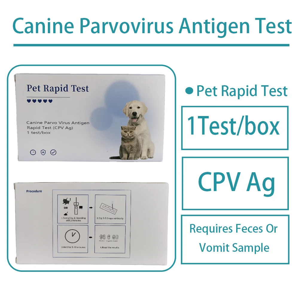 Prueba de diagnóstico veterinario Pet Canine Parvovirus CPV, kit de prueba, detección completa, kit de reactivos, 1 prueba/caja de cribado de salud de mascotas