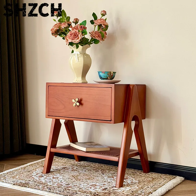 French Vintage Storage Cabinet, Solid Wood Nightstand for Bedroom, Multifunctional Side Table, Aesthetic Bedroom Soft Decoration