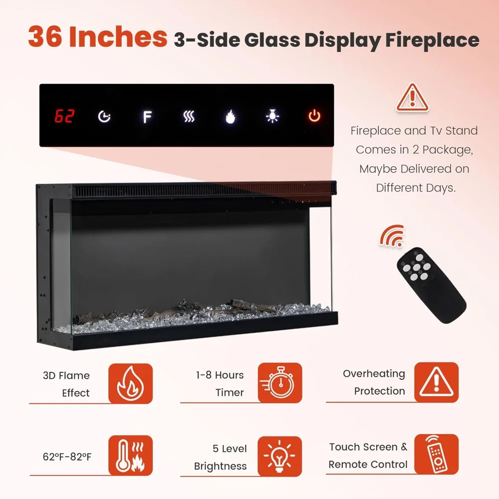 ファームハウススタイルの3面テレビスタンド、80インチテレビ用、ガラス扉付きエンターテイメントセンター、メディア収納キャビネット