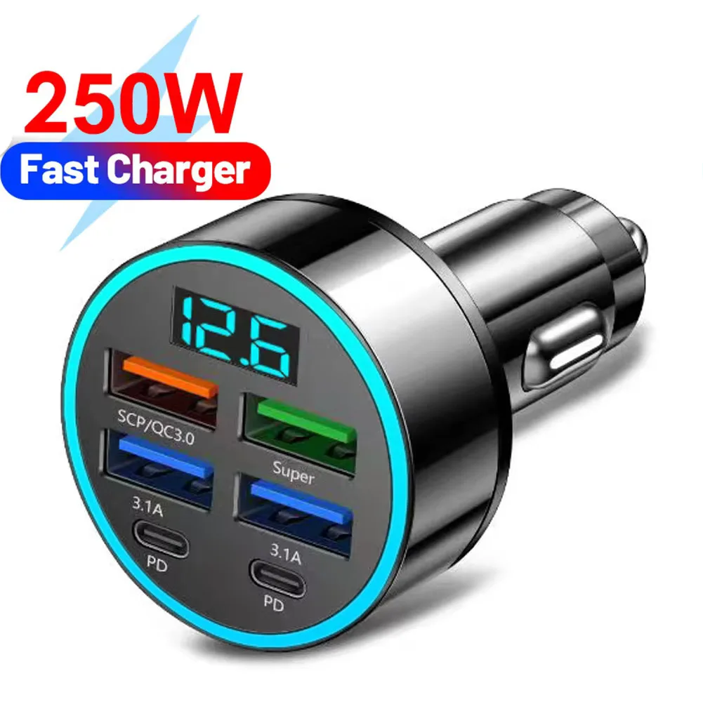 250W Auto-Ladegerät mit 4 USB-Anschlüssen, QC3.0, PD Typ-C, Digitalanzeige, 3,1A mit Spannungserkennung, Multi-Port Auto-Stromadapter