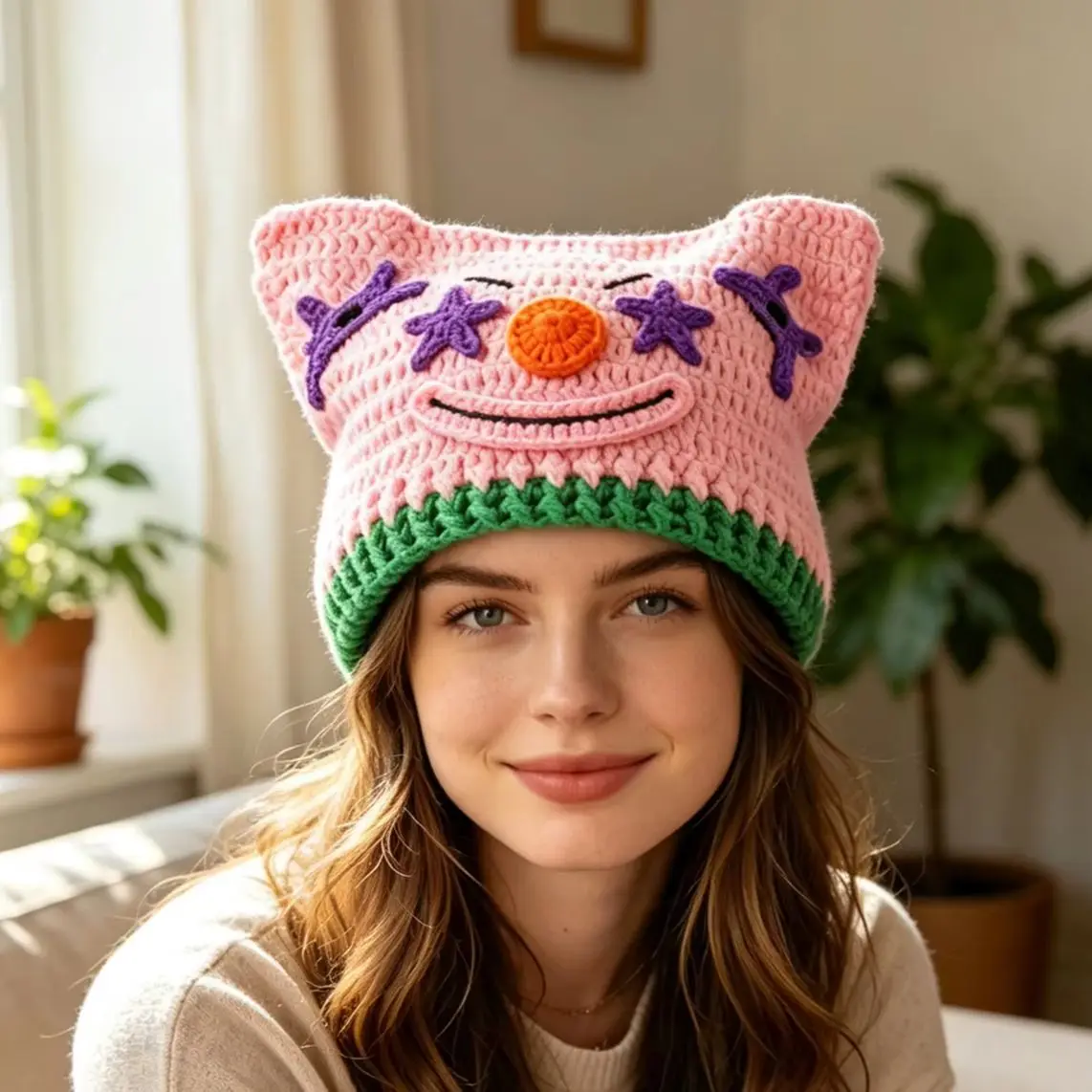 Women Pink Clown Cat Ear Crochet Bucket Hat Handmade Knitted Beanies Cap Unisex Funny Multi Expression Winter Festival Party Hat
