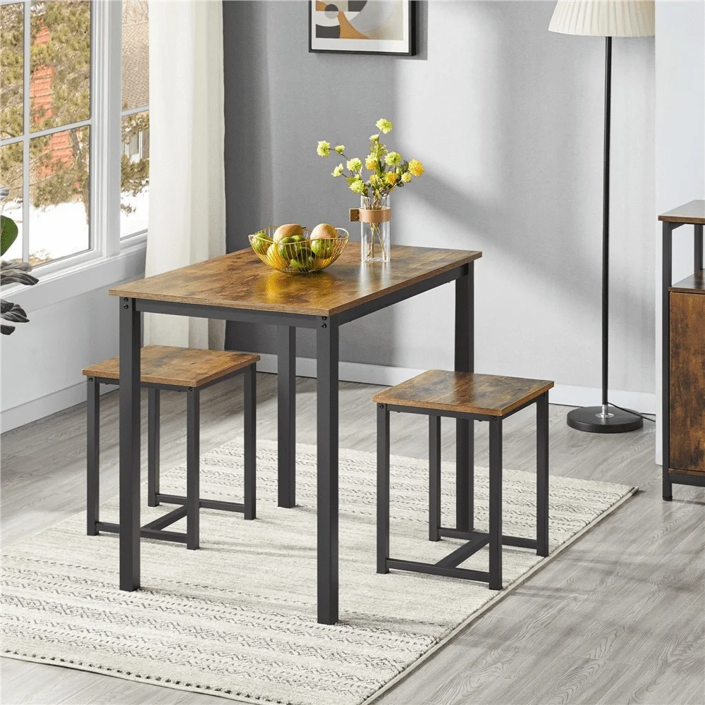 3-Piece Industrial Dining Set Table with Backless Stools Space Saving Practical Furniture Kitchen Dining Room
