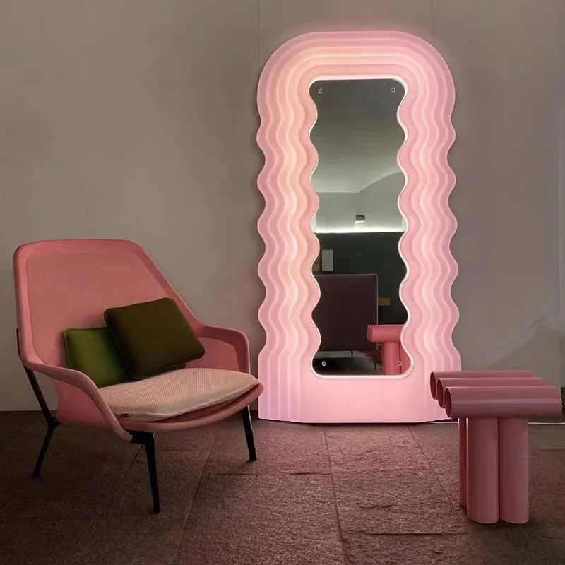 

Full Body Korean Style Mirrors With Lights Bedroom Wavy Girls Room Led Mirror Cute Smart Design Lustro House Decoration GXR35XP