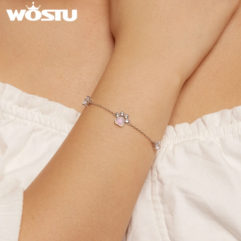 WOSTU 925 Sterling Silver Cut White Opal Cat Dog Paw Charm Bracelet For Women Lovely Girl Animal Chain Links Fine Jewelry Gift