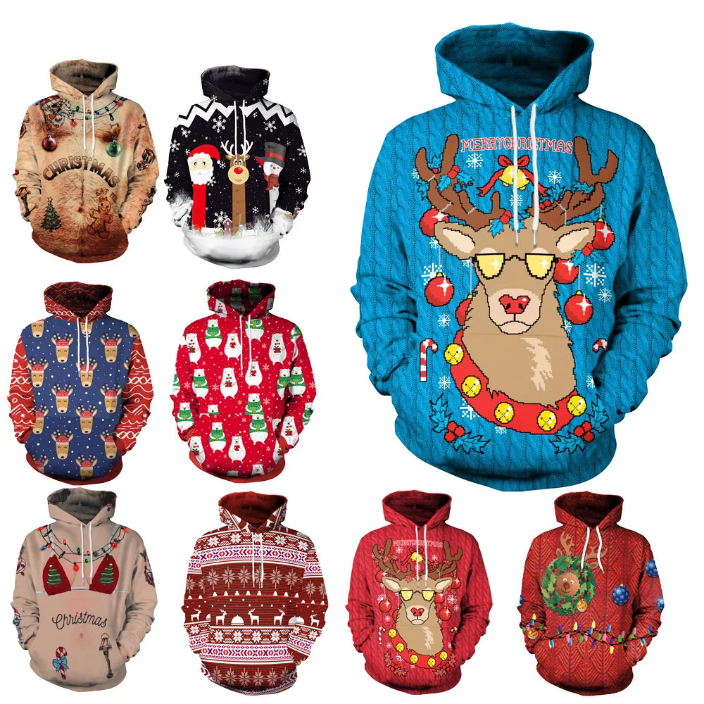 

Merry Christmas New Year Ugly Christmas Sweater Funny Reindeer Cartoon Animal Christmas Jumper Women Men Loose Hooded Sweatshirt