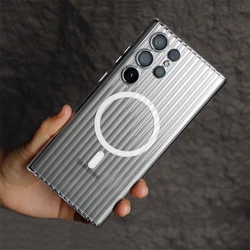 Ultra Thin Corrugated Pattern HD Transparent Hard Case For Samsung Galaxy S25 S24 S23 Ultra Plus Magnetic Wireless Charge Cover